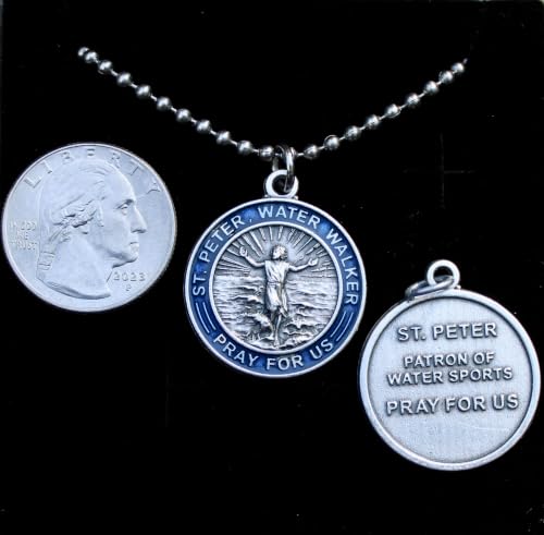 Mens Saint Peter Necklace, Catholic Patron Saint of Water Sports, Blue Enameled Alloy Medallion Made in Italy
