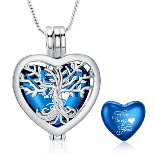 Tree of Life Cremation Jewelry for Men Women - 2 Pcs Cylinder & Heart Urn Necklaces for Ashes Stainless Steel Memorial Keepsake Pendant for Human Pet Ashes Blue