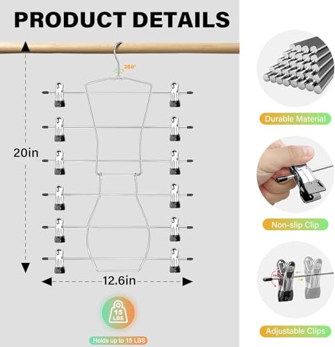 Pants Hangers,Space Saving 3 Pack Metal 6 Tier with Clips Holds 18 Skirts/Pants/Jeans/Shorts, w/360°Rotating Hook, Skirt Hangers Space Saving Closet Organizers and Storage (3)