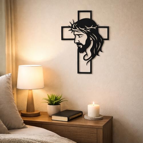 WNXURT Father’s Day Christian Gift, Jesus Cross Metal Wall Art, Religious Wall Sculpture, Christian Faith Decor for Home, Church, Prayer Room, Black, 12.59 x 9.84 Inch Black Jesus Cross