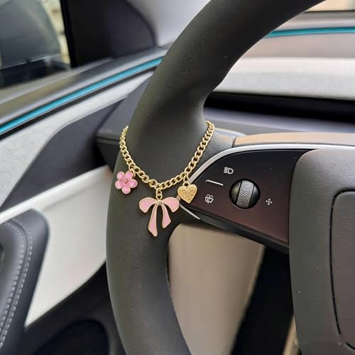 3 Pcs Christian Car Accessories for Women - Rear View Mirror Cross, Steering Wheel Rosary Charm & Air Vent Clip - Cute Girly Bling Car Decor (Pink) Pink