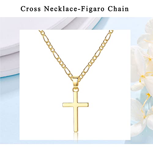 Cross Necklace Men - Cross Pendant Stainless Steel Cross Necklace for Women, Simple Men Necklace Gold Figaro Chain (45/55+ 5cm), Christmas Birthady Religious Gifts for Boy Girls