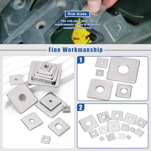 Glarks square washers assortment set in 304 stainless steel, featuring multiple sizes and round-hole plate washers