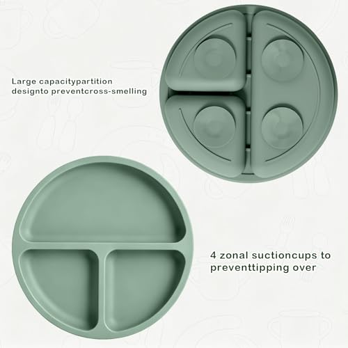 JELLDJK silicone baby feeding set with 10 green flatware pieces, including utensils and bowls for infants and toddlers.