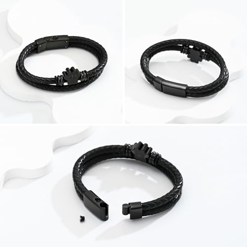Cremation Jewelry Urn Leather Bracelet for Ashes Paw Print Urn Bracelet for Ashes for Women Men Memorial Cuff Wristband Braided Leather Bangle Keepsake Jewelry Black-22cm