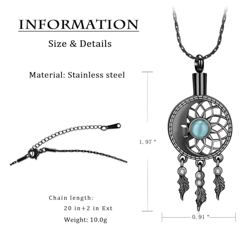 constantlife Dream Catcher Cremation Jewelry for Ashes for Women Men Moon Feather Pendant Urn Necklace Memorial Loved Ones Human Funeral Keepsake Black