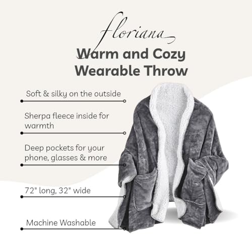 FLORIANA Womens Wearable Throw Blanket Poncho, Blanket Shawl With Pockets, Grey Gray/White