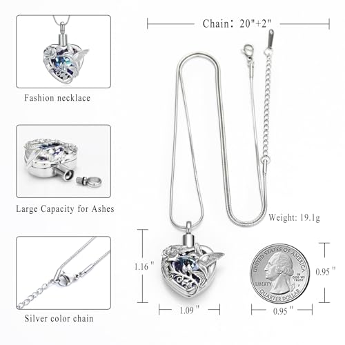 memorial jewelry Birthstone Personalized Hummingbird and Heart Cremation Urn Necklace Pendant Ashes Jewelry Purple-Steel