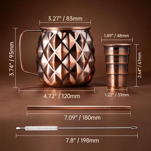 Pineapple Moscow Mule Mugs Set of 4 with Measuring Cup & Straws,Stainless Steel and Red Bronze Copper Plated Finish, 17oz Cups for Cold Drinks, Beer, Wine, Bars, Parties,Gifts