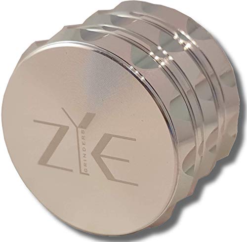 ZYE Herb Grinder – Quality Aluminium w/Ultra Sharp Teeth – Large 2.5" 4 Piece w/Twist & Lock Storage Layer – No Flaking and Non-Stick - Silver