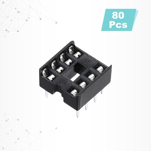 QUARKZMAN Pack of 80 DIP IC Sockets, 8-Pin Dip IC Sockets, 2.54 mm Pitch Flat Pin Chip Connector Adapter for Breadboard Project, PCB Board Design, Black 8 pin
