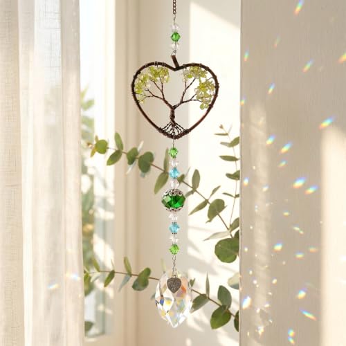 Tree of Life Crystal Suncatcher for Windows, Handmade Green Crystal rainbow Maker Hanging Ornaments for Garden Home Decor Spiritual Gifts for Women Men Friends and Holidays
