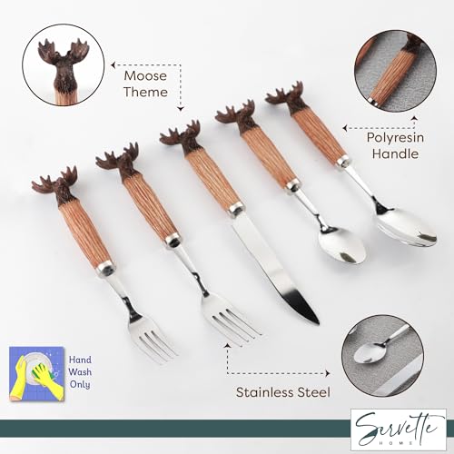 Moose Flatware Set, 5 Piece, Stainless Steel Utensils with Wood-like Handles, Knife, Soup Spoon, Teaspoon, Dinner Fork, Salad Fork