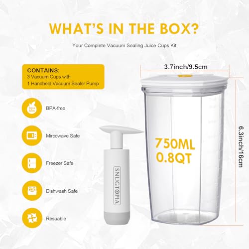 Vacuum Seal Juice Cups, Portable Leak Proof Drinking Storage Containers for Juice, Milk, Boba, Smoothie, Tea, Kombucha, 750ml (750mlx3) 750mlx3