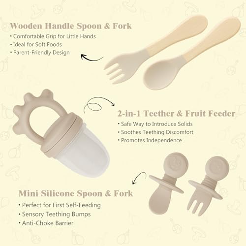 12 Piece BPA-Free Silicone Baby Feeding Set,Non-Slip Suction Plates,Soft Baby Bowls, Wooden Utensils & More ，Make Feeding Time Safe,Dishwasher Safe – Ideal for 6+ Months