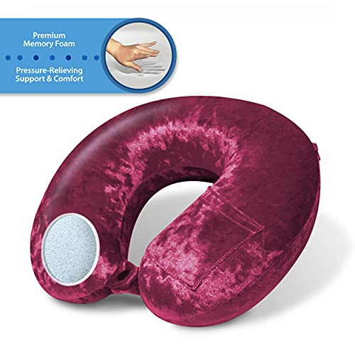Cloudz Luxe Crushed Velvet Ultra Premium Comforlite Memory Foam Airplane Travel Neck Pillow with Matching Luxuriously Soft Black Out Sleep Mask - Deep Red