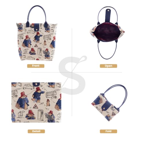 Signare Tapestry Foldable Tote Bag Reusable Shopping Bag Grocery Bag In Paddington Bear Design (FDAW-PADD)