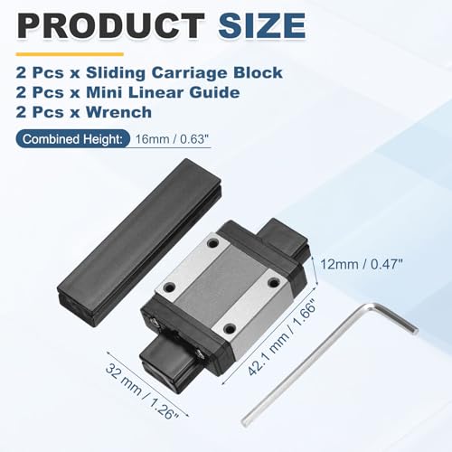 sourcing map 2Pcs MGN15C Linear Bearing Sliding Carriage Block with Mini Guide and Wrench for 15mm Linear Motion Slide Rail Guide, 3D Printer, CNC Machine 2