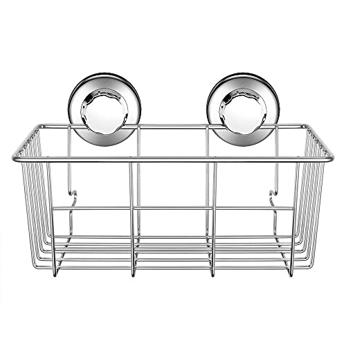 SANNO Suction Cup Shower Caddy Bath Wall Shelf, Deep Bathroom Basket Large Shower Caddy Bath Organizer Kitchen Storage Basket for Gel Holder Bathroom Storage Shampoo, Conditioner -Stainless steel stainless-1