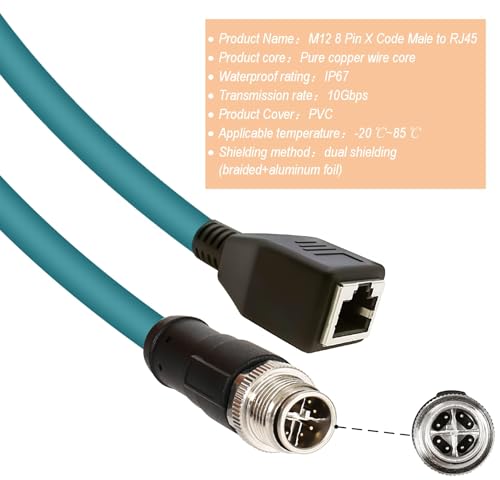 M12 X-Code 8 Pin Industrial Ethernet Cable, IP67 Waterproof Shielded Sensor Cable, Male to Female High-Flex Aviation Connector for Cognex Camera, PLC, Automation System Male X-8pin to Female RJ45 1m