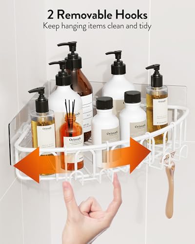 Orimade Corner Shower Caddy with 2 Hooks Wall Mounted Metal Bathroom Shelf Storage Organizer Adhesive No Drilling 2 Pack, White Only for 90-Degree Corner 2 Tier