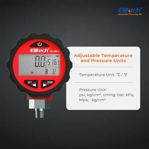 Elitech PG-30Pro digital high pressure gauge for refrigeration HVAC, 14.5-800 PSI, 1/8-inch NPT