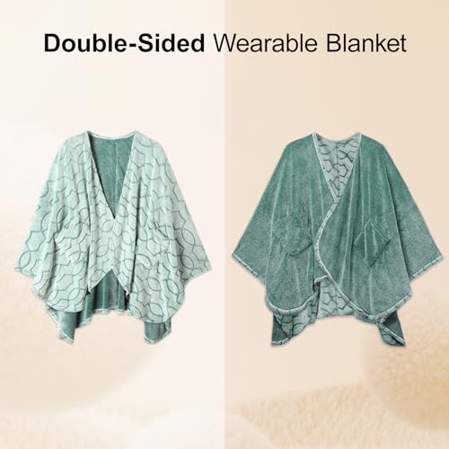 Bcareself Double-Sided Wearable Blanket Ultra Soft Flannel Shawl Blanket, Reversible Blanket,with Pockets, for Women and Men Modern Forest Green