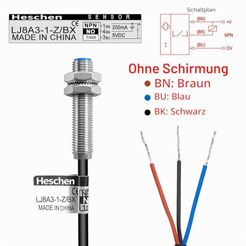 Heschen M8 Proximity Sensor Switch, LJ8A3-1-Z/BX-DC5V, 5V DC 200mA NPN NO, 1mm Detection Distance, Magnetic Metal Detector, 8mm Mounting Hole, 120cm Cable, IP67 Protection