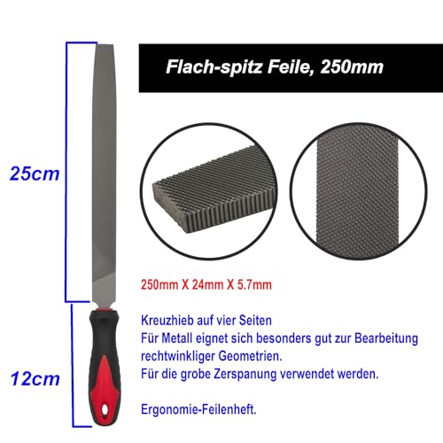 VASTOOLS Metal File 3-Piece 250 mm, Professional File Set Made of T12 Steel Flat File, Half Round File and Round File, for Metal, Wood and More, Tool Sharpener for Professionals and DIY Enthusiasts