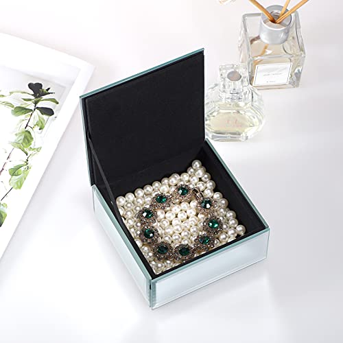 Hipiwe Silver Glass Mirrored Jewelry Box with Crystal Handle Square Trinket Organizer Treasure Chest Case Classic Keepsake Box for Storage Rings Earrings Necklace Bracele (Small, Silver) (Pack of 2) Small (Pack of 2)