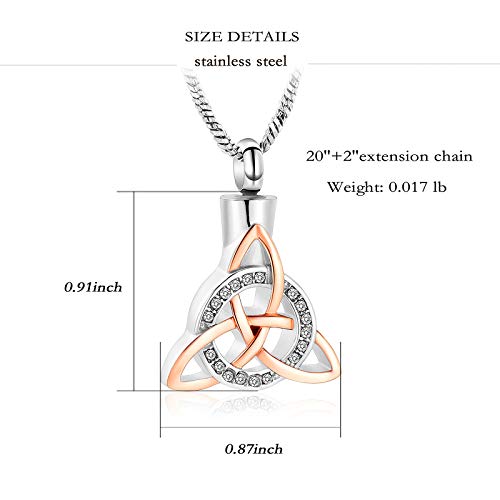 Yinplsmemory Cremation Jewelry Celtic Knot Urn Necklace for Ashes Stainless Steel Triangle Vintage Crystal Circle Ashes Keepsake Necklace Silver with rose gold