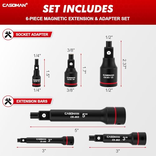 CASOMAN 6-Piece Magnetic Socket Extension Set, 1/4", 3/8", 1/2" Drive Socket Adapters with Magnetic Tips, CR-MO, for Keep Bolts, Automotive and DIY Repairs, Tight Spaces