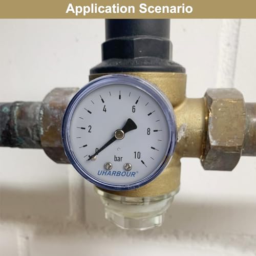 Uharbour Pressure Gauge Water 0-10 Bar, 1/4 Inch, Compressed Air Bracket on the Back, Compressed Air Pressure Gauge 1/4 BSP Brass Connection Axial