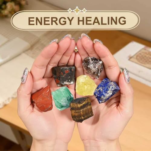 Set of 12 Raw Crystals and Healing Stones for Each Month with Guide, Meditation Tools for Chakra Work, Reiki and Energy Healing with DIY Necklace Set and Clear Quartz Pendant, Unique Gift