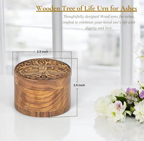 Small Wooden Urn for Human & Pet Ashes – Handcrafted Tree of Life Mini Memorial Keepsake – Decorative Round Cremation Urn for Dogs, Cats & Loved Ones Tree Design