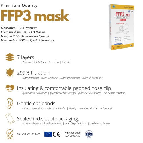Pack of 20 7-Layer FFP3 Masks, CE Approved, High Protection, >99%, Individually Packed, Disposable - Not Reusable, Adult Size, Without Valve, White 1 piece (pack of 20)