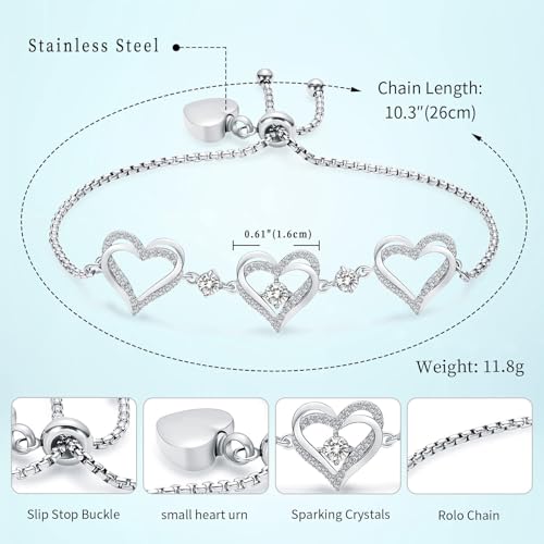 Cremation Jewelry Heart Urn Bracelet for Ashes for Women Cremation Link Memorial Urn Bracelet Jewelry Birthstone Bracelet Silver-white