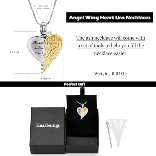 Hearbeingt Angel Wing Heart Urn Necklaces for Ashes Cremation Jewelry 1-Gold