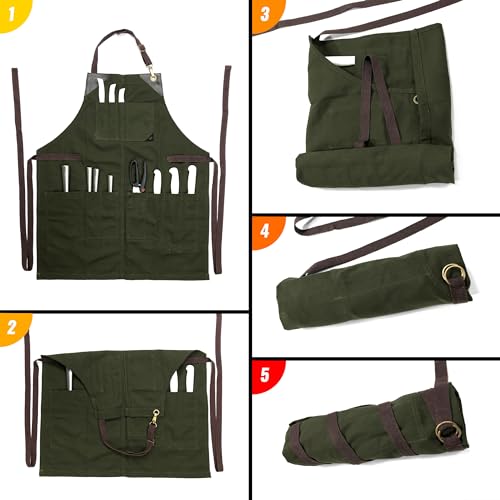 Heavy-duty green canvas knife roll apron with leather support from Under NY Sky, designed for safe knife storage and protection.