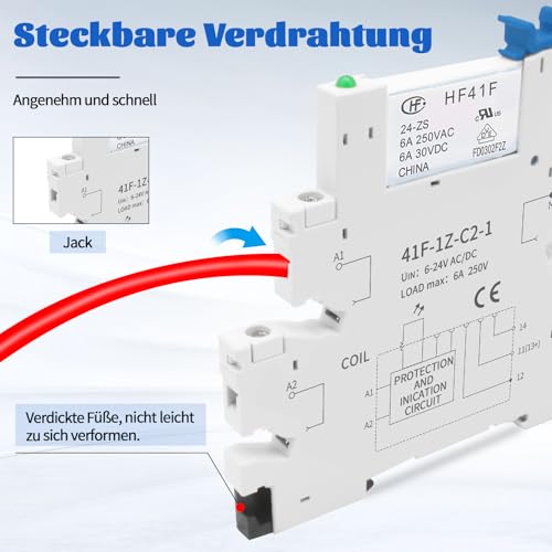 (10 pcs) 24 V Relay for DIN Rail, 6 A 250 VAC/30 VDC, 5 Pin Slim, ReleyWell | PLC/SPS power relay HF41F/24-ZS, SPDT, with plug-in base, 24V AC/DC coil voltage, electromagnetic relay, DIN rail 24V-10