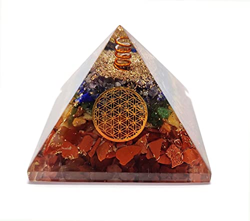 Seven Chakra Orgone Crystal Pyramid with Flower of Life Symbol for Reiki Healing, Chakra Balancing, Aura Cleansing, Energy Generator, Yoga Meditation Size: 60-70 MM
