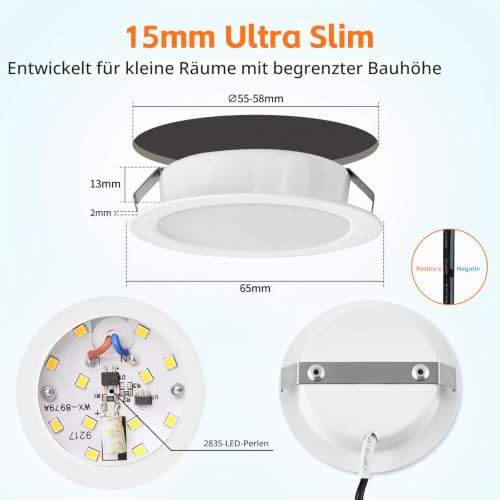 YindaLux 6x LED Recessed Spotlights 12 V DC White 3 W 3000 K Dimmable Hole 55-58 mm | 300 lm, warm white, 2 m cable, aluminium housing, round, spot for caravan, boat, kitchen, wardrobe, without transformer 3000K 6 Stück