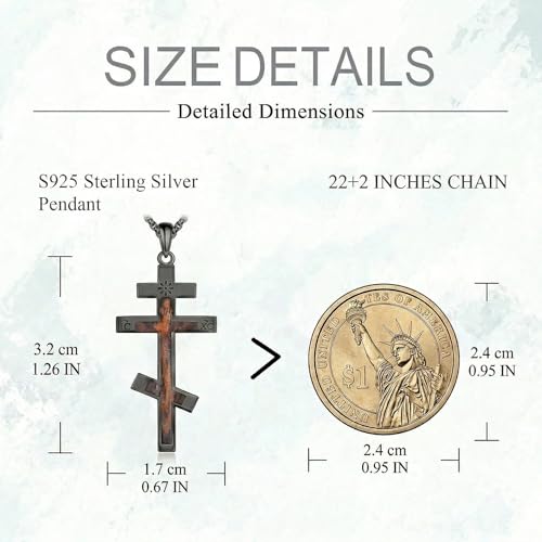 URONE Orthodox Cross Necklace for Men Sterling Silver Black Cross Wooden Pendant Necklace Christian Religious Jewellery Gifts