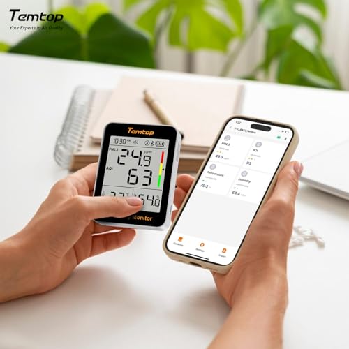 Temtop S1+ Air Quality Meter PM2.5, AQI, Temperature and Humidity, Ultra Long Battery Life of 100 Days, Thermohydrometer with App Connection, Ideal for Home and Office S1+ (Extended Standby - 100 Days + App)