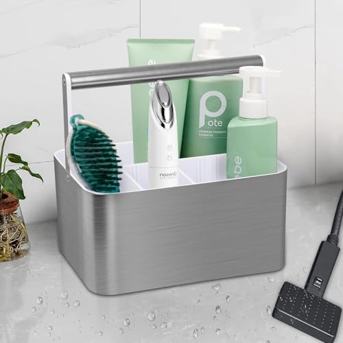 BYUNER Plastic Shower Caddy Dorm - Portable Bathroom Caddy Organizer with Handle and Divider for College Dorm & Shared Bathroom, Hard Shower Tote for Toiletry, Brushed Nickel White Silver / White