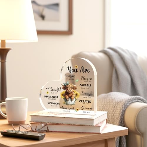 Christian Highland Cow Gifts for Women Birthday, Highland Cow Religious Spiritual Gift for Mom Friends Coworker Sisters, Inspirational Bible Verses Decor, Motivational Acrylic Desk Office Decorative Signs Plaque