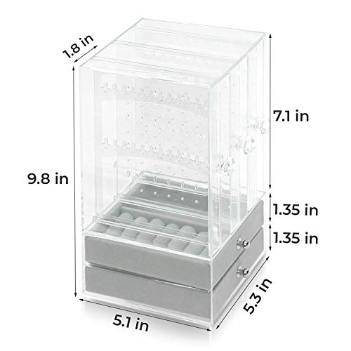 DOZZZ Acrylic Jewelry Organizer Box with 5 Drawers for Women, Clear Earring Holder Storage Display Stand Rack for Rings Necklace Bracelet 5 Layers