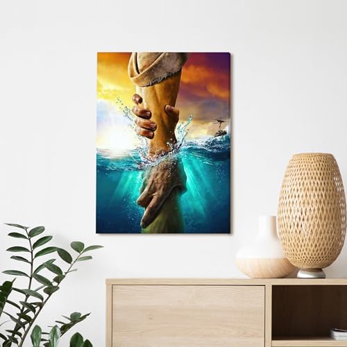 Framed Jesus Christ Canvas Wall Art The Hand of God Jesus Reaching Into Water Christian Painting Prints Biblical Wall Decor Religious Room Decor for Church Prayer Room Schools Hospitals 12" x 16" 16"L x 12"W Jesus 3
