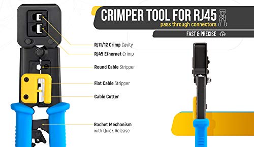 Everest Media Solutions RJ45 Crimp Tool for Pass Through Connector End - EZ Cut, Strip, Crimp Cat5e & Cat6 Ethernet Cables - Heavy Duty Crimper for RJ45 Plugs - Professional Network Crimping Tool