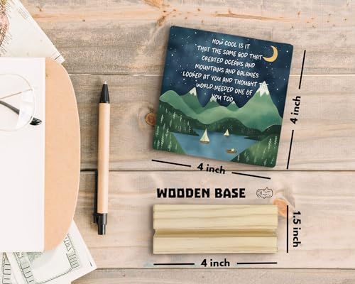Inspirational Desk Decor, Mountain Moon Night Motivational Quote Wood Plaque, Positive How Cool is It That the Same God Wooden Plaque Sign with Wood Stand for Home Kids Room Nursery Decor